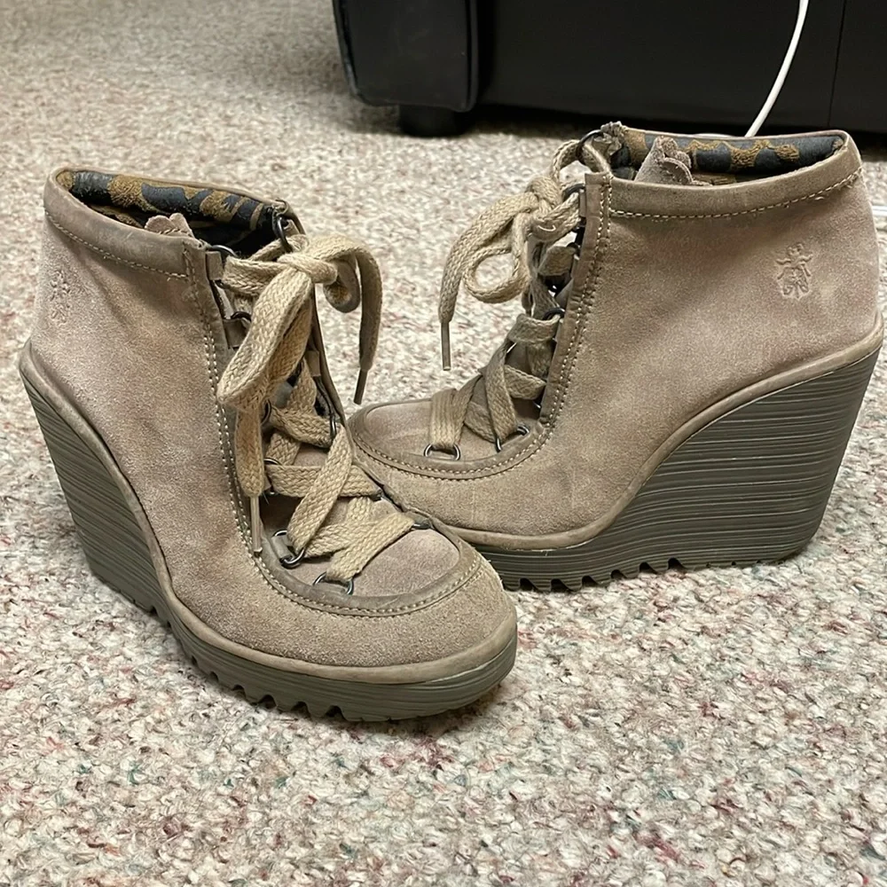 Fly London Beige Ankle Boots with Wedge Heel - Picture 1 of 10